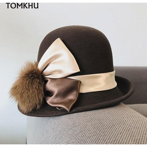 Elegant Wool Hats for Women Curled Asymmetrical Brim Fedoras Hair Ball Bowknot Ladies Vintage Cap Fisherman Hats Black Brown New