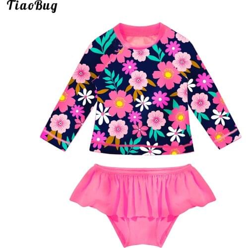 Cute Infant Children Swimwear Set Bathing Suit Long Sleeve Scoop Neck Pullover Flower Shirt With Bottoms Bikini Sets