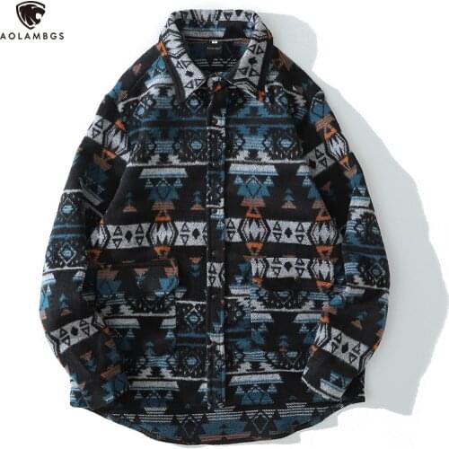 Aolamegs Geometric Graphic Print Shirts Men Autumn Turn-down Collar Full Sleeve Thick High Street Retro All-match Streetwear Men