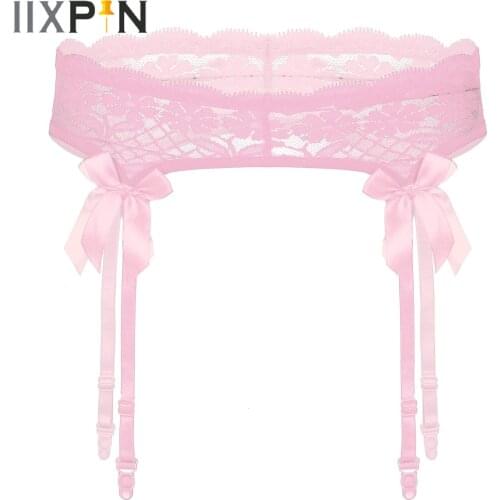 Mens Erotic Sexy Sheer Lace Suspenders Sissy Lingerie Sleepwear Bowknot Elastic Waistband Garter Belt for Stockings