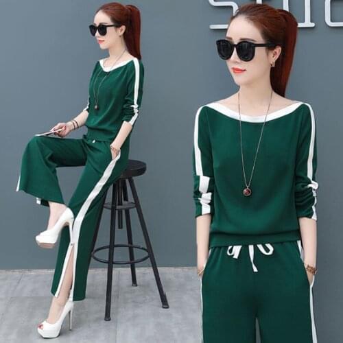 2020 Spring New Split Wide Leg Pants Two Piece Set Plus Size Women Loose Casual Sports Suit Khaki Green Blue Black