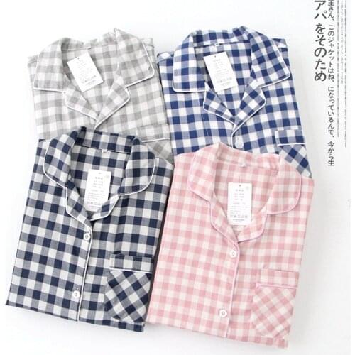 Autumn Cotton Pajamas Lovers Double-layer Gauze Plaid Sleepwear Long-sleeved Home Clothes Women and Men Loungewear 2 Piece Set