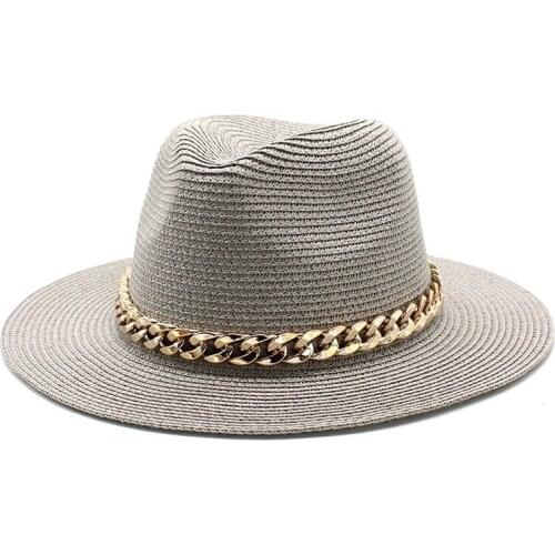 4pcs Mens Women Chain Straw Jazz hats wide brim caps panama casual classic band belt outdoor beach panama summer sun hat