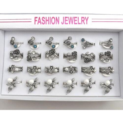 Antique Silver plated Rings Clear Crystal Turquoises Shell Ring 4 Different Design 24pcs/lot