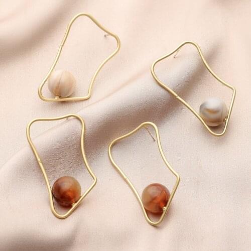 S925 Silver Geometric Hollow Earrings Personality Fashion Irregular Square Resin Ball Pendant Earrings For Women Jewelry 2021