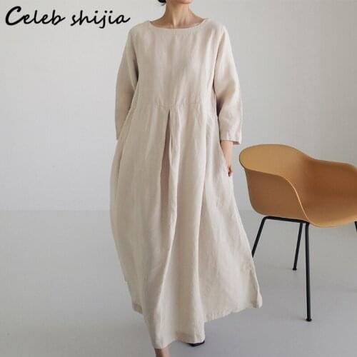 SHIJIA CHIC Women Dresses Autumn Oversized Long Sleeve Vintage Dress Vestido Female Round Neck Solid Fat Maxi Dress Fall