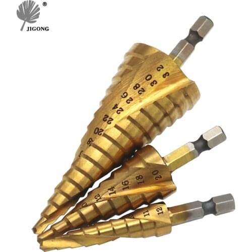 JIGONG 4-32mm The Pagoda Shape HSS Drilling Triangle Shank Metalworking High Speed Steel Step Drill Bit Hole Cutter Tools 3pcs