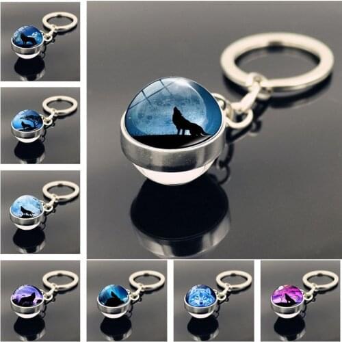 Wolf and Moon Keychain Double Side Glass Ball Pendant Crystal Ball Fashion Wolf Head Sphere Keyring Animal Keychain Gift Jewelry