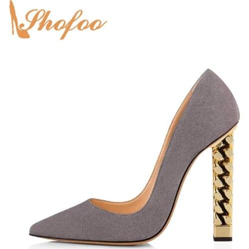 Grey Sky Blue Chain Gold Heel High Chunky Heels 12cm Evening Party Dress Pumps Shoes For Women Dance Sexy Luxury 2021 New Design