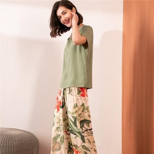Female V-neck Leaves Printed Pajamas Set Ladies Comfort Simple Style Sleepwear 2021 Summer New Loose Soft Casual Wear Homewear