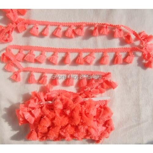 3Yards/Lot Vintage cotton knotted Neon Pink fringe trim with cute tassels 1cm width tape 1.5cm length tassels