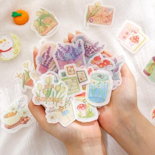 40 PCS Washi Paper Fresh Color Mushroom Flower Plant Decorative Stickers for Scrapbooking Planner Diary Journal DIY