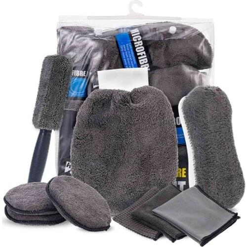 9Pcs/Set Car Microfiber Towel Washing Glove Bodywork Care Cleaning Kit Wheel Hub Brush Auto Waxing Sponge Polish Applicator Pad