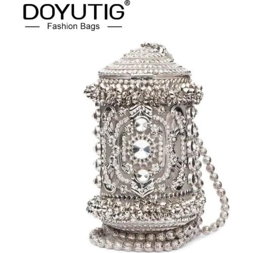 DOYUTIG Indian Design Womens Metal Diamond Wedding Bag Classical Silver Color Handmade Bucket Evening Bag Fashion Handbag F824