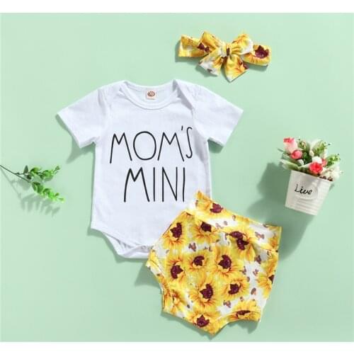 3Pcs 0-18Months Newborn Girls Short Sleeve Romper+Shorts+Bow Headband Sunflower Print Elastic Waist Summer Casual Clothes Sets