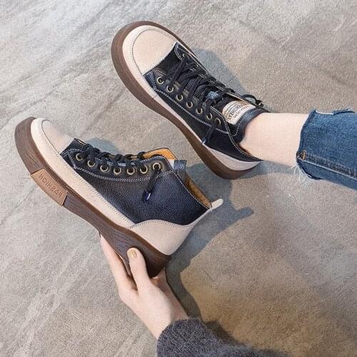 Size 35-43 Soft Genuine Leather Comfortable Women High Top Shoes Fashion Student Vulcanize Shoes Thick Bottom Running Sneakers