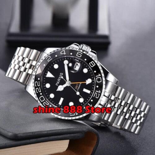 40mm PARNIS Mechanical Black Dial Sapphire Crystal Date GMT Automatic Mens watch