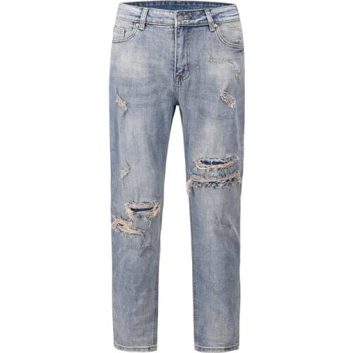 Harajuku Streetwear Washed Hole Jeans for Men Straight Harajuku Frayed Distressed Mens Denim Trousers Hip Hop Loose Pencil Pants