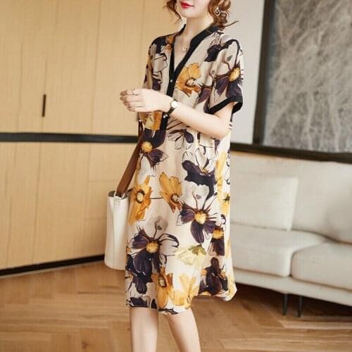 2021 Summer New Chiffon Dress Female A-line Skirt Large Size Loose and Thin Womens V-neck Printed Skirt