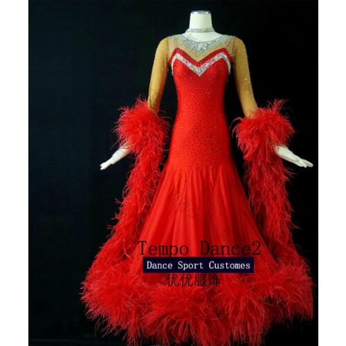 NEW Ballroom Dance Competition Dresses Modern Waltz Tango Dance Dress Ostrich Feather Dress Red Color Long Sleeve