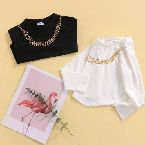 FOCUSNORM 1-6Y Autumn Fashion Kids Girls Sweatshirt Tops Solid Long Sleeve Pullover Loose Pullover Tops With Neck Chain