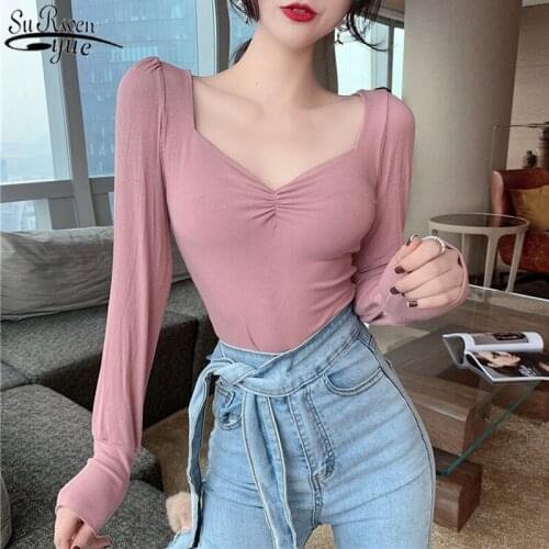 Autumn New V-neck Long Sleeve Top Female Slim Inner Jacket Bottoming Shirt Vintage Pink Womens Shirt and Blouse 12564