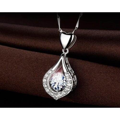 Utimtree Hot Crystal Necklaces Pendants Silver 925 Sterling Jewelry Water Drop Shape CZ Zircon Bridal Wedding Necklace for Women