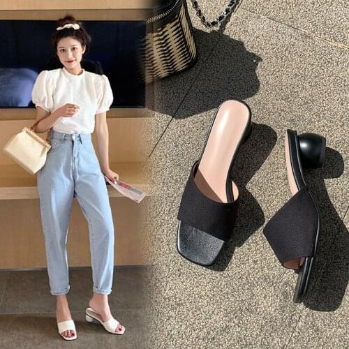 YQBTDL 2020 New Arrival Beige Black Comfortable Cloth Women Slides Strange Chunky Heels Summer Womens Shoes Slippers Size 34-43