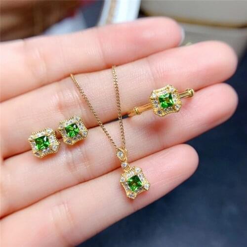 WEAINY Natural Gemstone Chrome Diopside Jewelry Sets Solid 925 Sterling Silver Earrings Ring Pendant Fine Fashion Bridal Jewelry