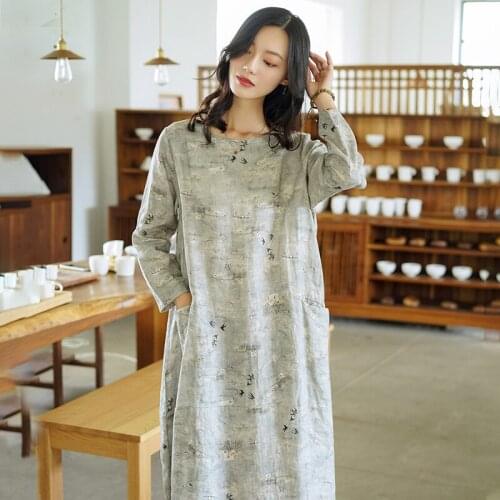 Johnature Women Vintage Print Floral Dresses O-Neck Long Sleeve Robes Pockets 2021 Autumn New Linen Female A-Line Dress