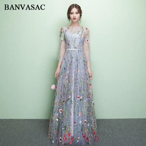 BANVASAC O Neck Floral Print Lace Appliques Long Evening Dresses Party A Line Sash Illusion Zipper Backless Prom Gowns