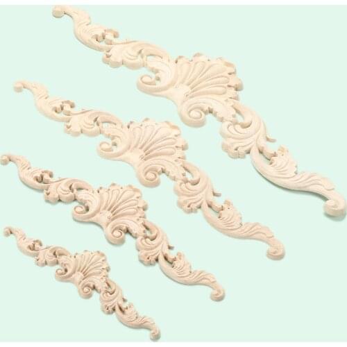 1Pc Crown Wooden Detal Strip Figurines Crafts Natural Floral Unpainted Wood Carved Corner Appliques Wall Door Furniture Decor