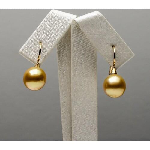 10-10.5mm Golden Genuine South Sea Pearl Drop Earrings 18k Yellow Gold