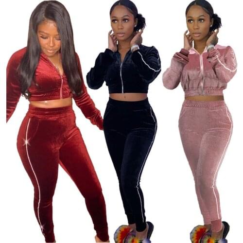 7DN8553 Autumn Winter Women Casual Fashion Zipper Navel Golden Velvet Sports Two Piece Set Tracksuit Sweatsuit Outfits Hot 2020