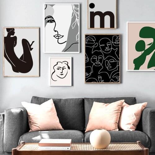 Abstract Girl Face Line Body Green Leaf Wall Art Canvas Painting Nordic Posters And Prints Wall Pictures For Living Room Decor