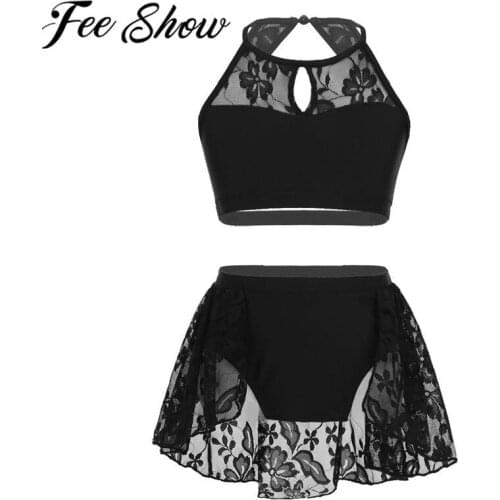 FEESHOW Girls Two Piece Set Dance Costume Sleeveless Lace Splice Kids Clothes Outfit for Children Ballet Leotard Dance Wear Sets