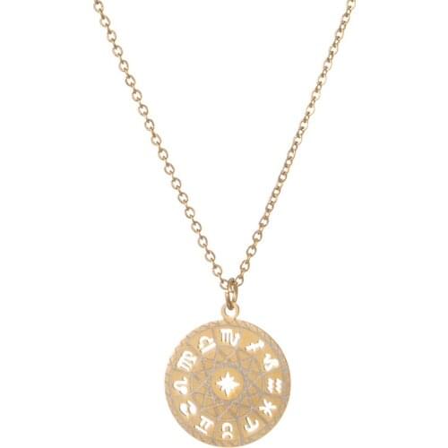 Eif DOCK 12 Zodiac Constellations Necklace Geometric Round Pendant Gold Chain Necklace Unisex Friendship Jewelry