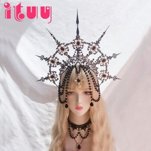 Handmade Halo Crown Lolita Goddess KC Virgin Mary Dark Aura Cross Spiked Halo Headwear Black Bead Chain Crown Headpiece Headwear