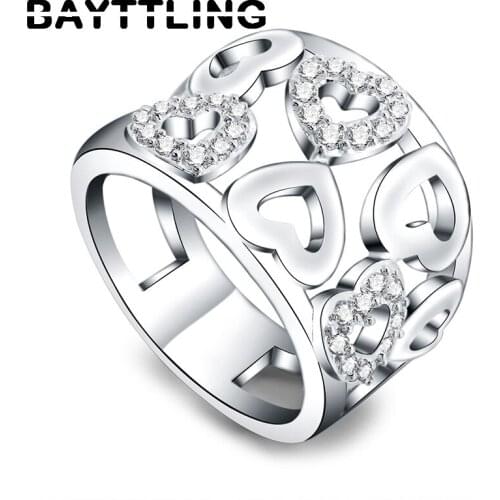 BAYTTLING Hot Selling 925 Sterling Silver Shiny Zircon Hollow Heart Ring For Woman Lady Fashion Birthday Party Gift Jewelry