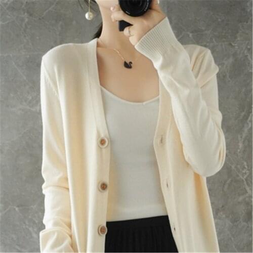 Korean Fashion Women V Neck Medium Length Cardigan Single-breasted Loose Wool Sweater Minimalist Soft Knit Jacket Multi ZY5815