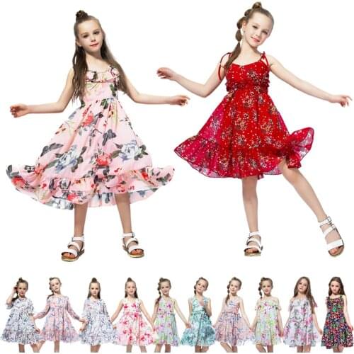Girls Summer Elegant Chiffon Dress Kids Floral Print Frocks Cute Ruffles Sleeveless Clothes Teenage Girl Beach Holiday Outfits