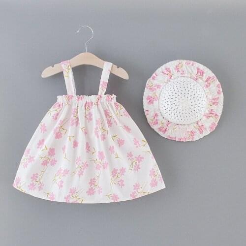 Newborn Baby Summer Dresses Casual Cute Infant Kids Baby Girls Floral Sleeveless Clothes Pretty Princess Strap Dress + Sun Hat