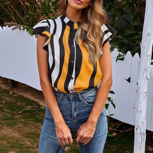 Summer New Print Striped Casual Shirt Irregular Butterfly Sleeve Fashion Female Top