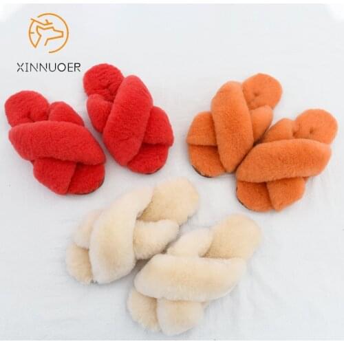 Fur slippers women genuine sheepskin fur furry ladies cute furry home sandals female brand 2021