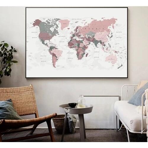 Big Size Wall Picture World Map Poster Print Pink Colors Wall Art Canvas Paintingfor Living Room Home Decor Cuadros No Frame