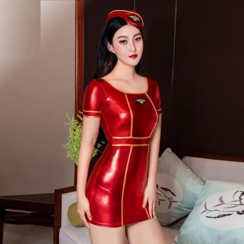 New Sexy Hot Stewardess Uniform Set Shiny PU Square Collar Exotic Mini Dress Elastic Nightclub Wear Pencil Cute Tight Dress 3PCS