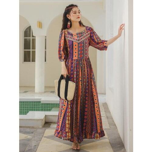 Summer New Womens Dress Retro Ethnic Style Travel Vacation Bohemian Beach Style Printed Exotic Lanterns Sleeve Long Dress