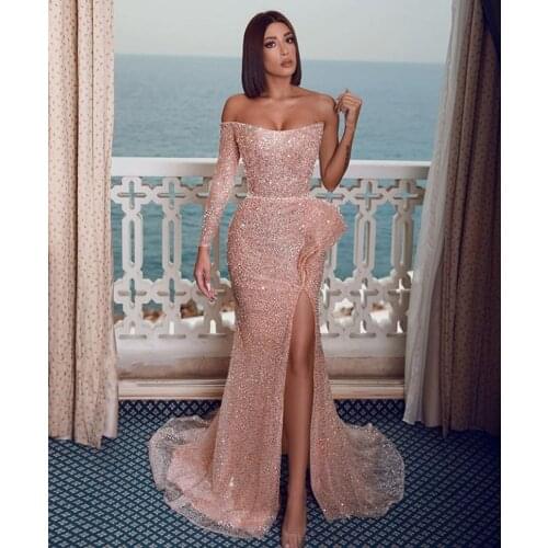 Sexy Sequined Prom Dresses Red One Shoulder Ruffles Side Split Evening Dress Long Sleeves Peplum Dubai Arabic Party Vestidos