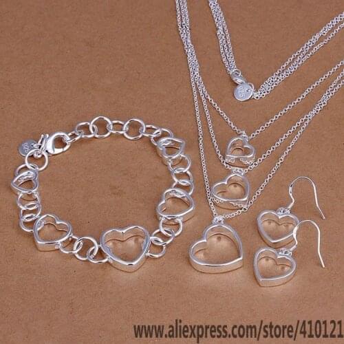 S149 Hot Sale Silver Color Fine Jewelry Sets,Wholesale High Quality Fashion Set Flat Hollow Heart Earrings Bracelet Necklace