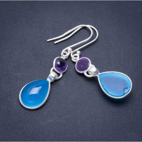 Natural Chalcedony and Amethyst Handmade Unique 925 Sterling Silver Earrings 1.75" A1376